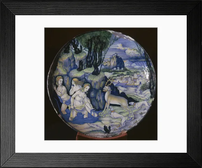 Framed Print : Italian earthenware plate showing Artemis turning Actaeon into a stag Framed Print : Italian earthenware plate showing Artemis turning Actaeon into a stag