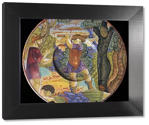 Italian earthenware plate, Erysichthon felling a tree in grove of Ceres, 16th century