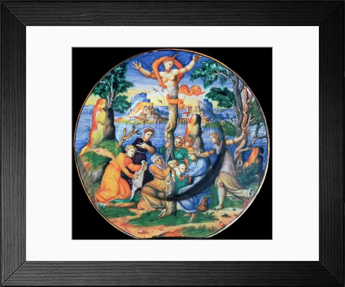 Framed Print : Italian earthenware plate showing the birth of Adonis, c. 16th century Framed Print : Italian earthenware plate showing the birth of Adonis, c. 16th century