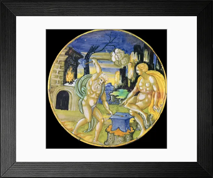 Framed Print : Italian earthenware plate showing Vulcan forging arrows for Cupid, c. 16th century Framed Print : Italian earthenware plate showing Vulcan forging arrows for Cupid, c. 16th century