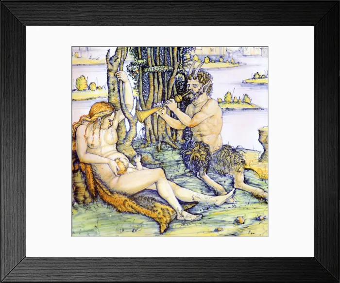 Framed Print : Italian earthenware plate showing the satyr family after Durer Framed Print : Italian earthenware plate showing the satyr family after Durer