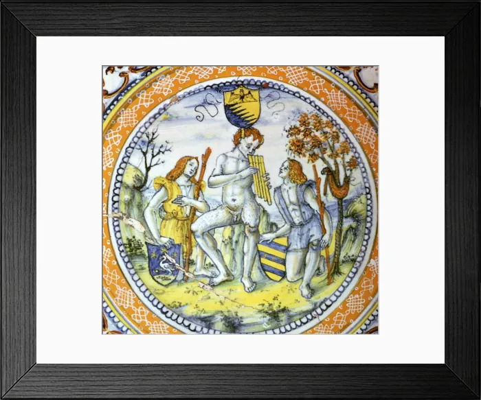 Framed Print : Italian earthenware plate showing Pan piping to two shepherds. Artist: Maestro Benedetto Framed Print : Italian earthenware plate showing Pan piping to two shepherds. Artist: Maestro Benedetto