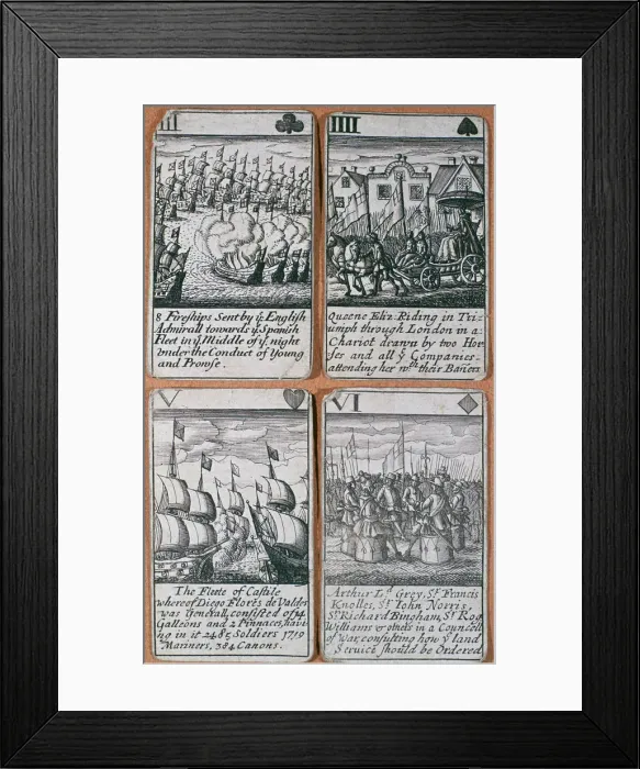 Framed Print : English playing cards commemorating defeat of the Spanish Armada (8 August 1588) Framed Print : English playing cards commemorating defeat of the Spanish Armada (8 August 1588)