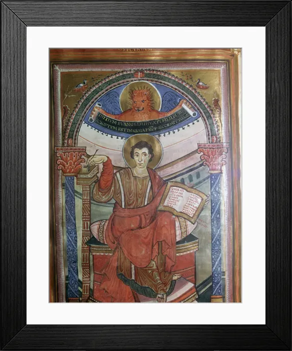 Framed Print : Illustration of St Mark holding his gospel, 8th century Framed Print : Illustration of St Mark holding his gospel, 8th century