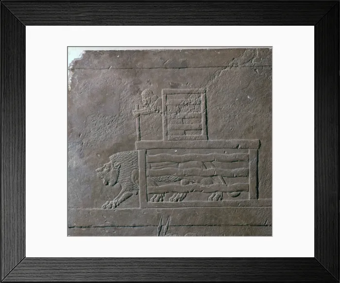 Framed Print : Assyrian relief of a lion being released from a cage for a hunt, 7th century Framed Print : Assyrian relief of a lion being released from a cage for a hunt, 7th century