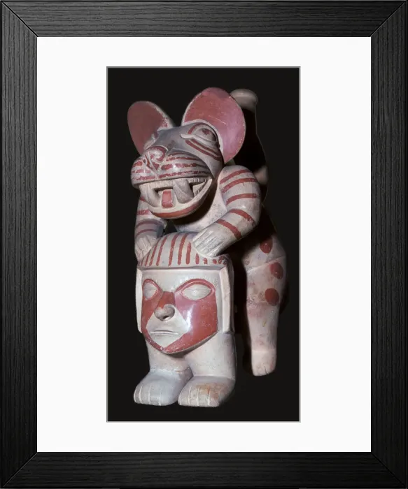 Framed Print : Mochica stirrup-spout vessel of a male figure with a jaguars head, 3rd century Framed Print : Mochica stirrup-spout vessel of a male figure with a jaguars head, 3rd century