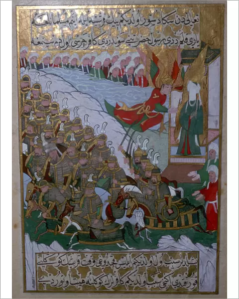 Islamic illustration of the Archangel Gabriel helping the armies of Muhammed