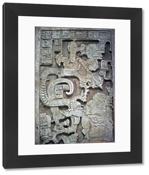 Mayan stone lintel showing a serpent god and priest