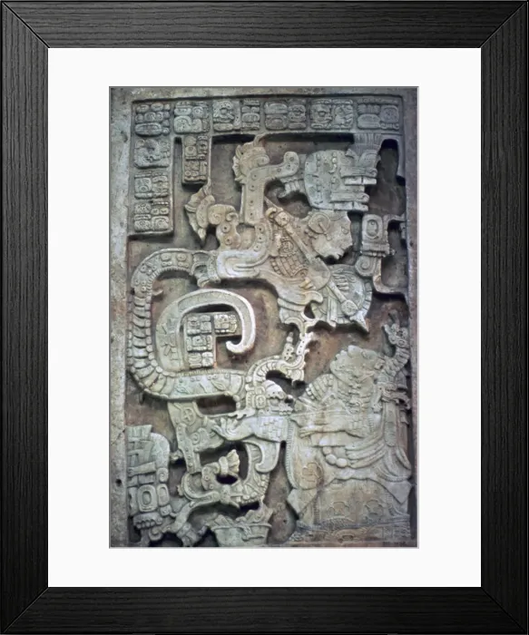 Framed Print : Mayan stone lintel showing a serpent god and priest Framed Print : Mayan stone lintel showing a serpent god and priest
