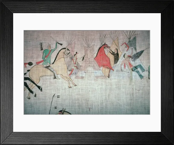 Framed Print : Blackfoot Native American tepee lining showing an attack on a camp Framed Print : Blackfoot Native American tepee lining showing an attack on a camp