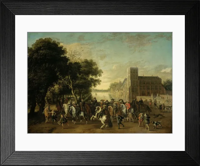 Framed Print : Prince Maurice of Orange accompanied by Frederick V and his wife Elizabeth Stuart, King and Queen of Artist: Hillegaert, Paulus van (1596-1640)