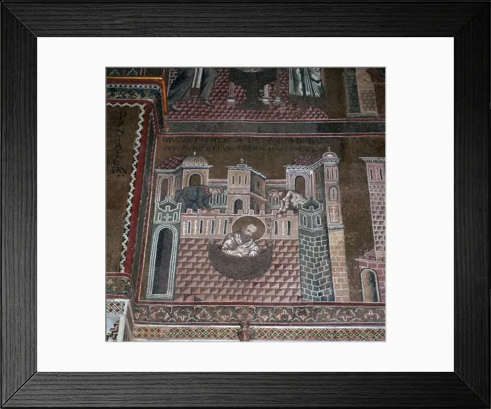 Framed Print : A mosaic showing St Paul escaping from a city in a basket, 12th century Framed Print : A mosaic showing St Paul escaping from a city in a basket, 12th century