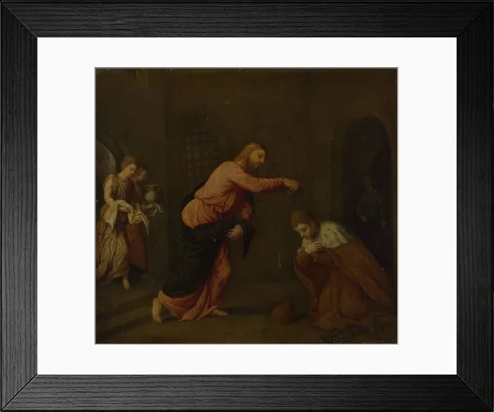 Framed Print : Christ baptising Saint John the Martyr of Alexandria, c. 1565. Artist: Bordone, Paris (1500-1571) Framed Print : Christ baptising Saint John the Martyr of Alexandria, c. 1565. Artist: Bordone, Paris (1500-1571)