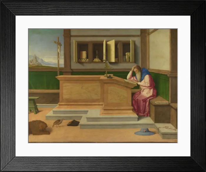 Framed Print : Saint Jerome in his Study, c. 1510. Artist: Catena, Vincenzo di Biagio (ca. 1470-1531) Framed Print : Saint Jerome in his Study, c. 1510. Artist: Catena, Vincenzo di Biagio (ca. 1470-1531)