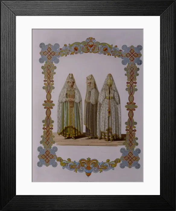 Framed Print : Costumes of Maidens from Torzhok (From the series Clothing of the Russian state), 1851. Artist: Solntsev, Fyodor Grigoryevich (1801-1892) Framed Print : Costumes of Maidens from Torzhok (From the series Clothing of the Russian state), 1851. Artist: Solntsev, Fyodor Grigoryevich (1801-1892)
