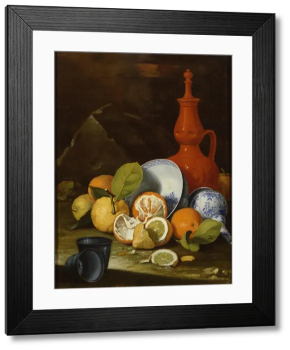 Framed Print : Bucchero, porcelain, oranges and lemons, 1706. Artist: Monari (Munari), Cristoforo (1667-1720) Framed Print : Bucchero, porcelain, oranges and lemons, 1706. Artist: Monari (Munari), Cristoforo (1667-1720)
