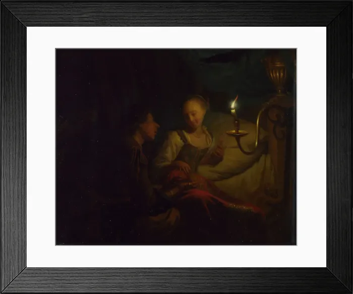 Framed Print : A Candlelight Scene. A Man offering a Gold Chain and Coins to a Girl seated on a Bed, ca. 1665-1667. Artist: Schalcken, Godfried Cornelisz (1643-1706) Framed Print : A Candlelight Scene. A Man offering a Gold Chain and Coins to a Girl seated on a Bed, ca. 1665-1667. Artist: Schalcken, Godfried Cornelisz (1643-1706)