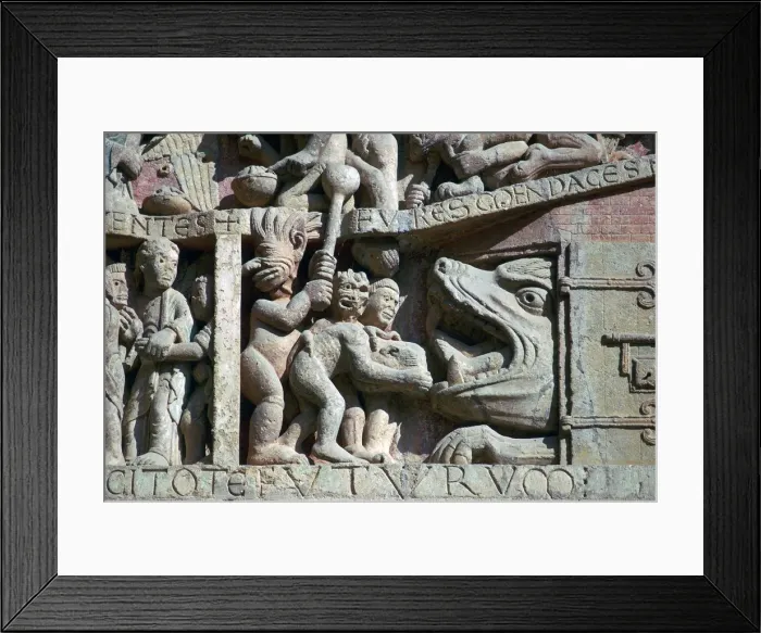 Framed Print : Detail from the west front of Conques Abbey, 11th century Framed Print : Detail from the west front of Conques Abbey, 11th century