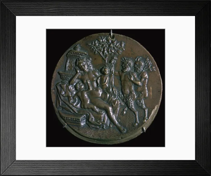 Framed Print : Medal of a sleeping nymph and two satyrs, 16th century. Artist: Giovanni Antonio da Brescia Framed Print : Medal of a sleeping nymph and two satyrs, 16th century. Artist: Giovanni Antonio da Brescia