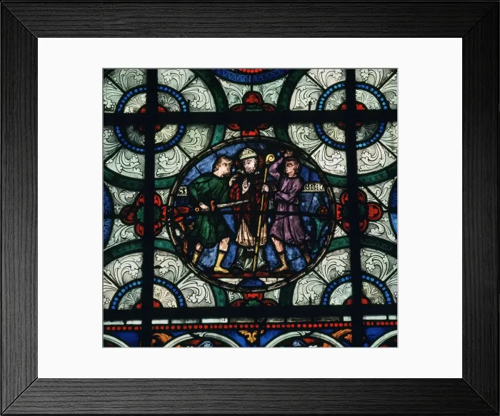 Framed Print : Stained glass depiction of the murder of Thomas A Becket, 12th century Framed Print : Stained glass depiction of the murder of Thomas A Becket, 12th century