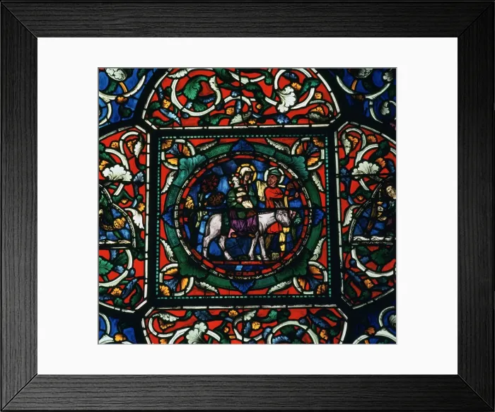 Framed Print : Stained glass depiction of the holy family fleeing to Egypt, 12th century