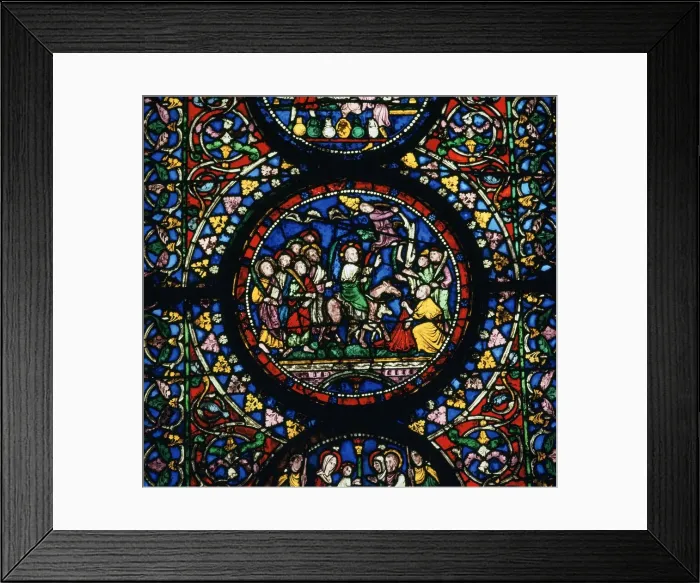Framed Print : Stained glass depiction of Christs entry to Jerusalem, 12th century Framed Print : Stained glass depiction of Christs entry to Jerusalem, 12th century