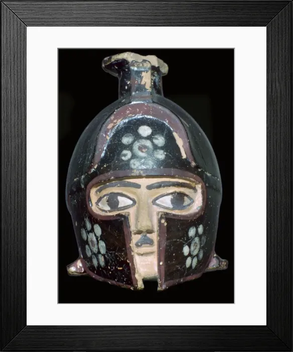 Framed Print : Terracotta scent-bottle in the shape of a helmeted head, Rhodes, Greece, c600-550BC Framed Print : Terracotta scent-bottle in the shape of a helmeted head, Rhodes, Greece, c600-550BC