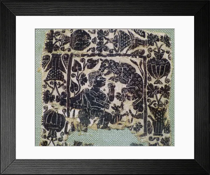 Framed Print : Coptic Textie of a panther attacking a man, 6th century Framed Print : Coptic Textie of a panther attacking a man, 6th century