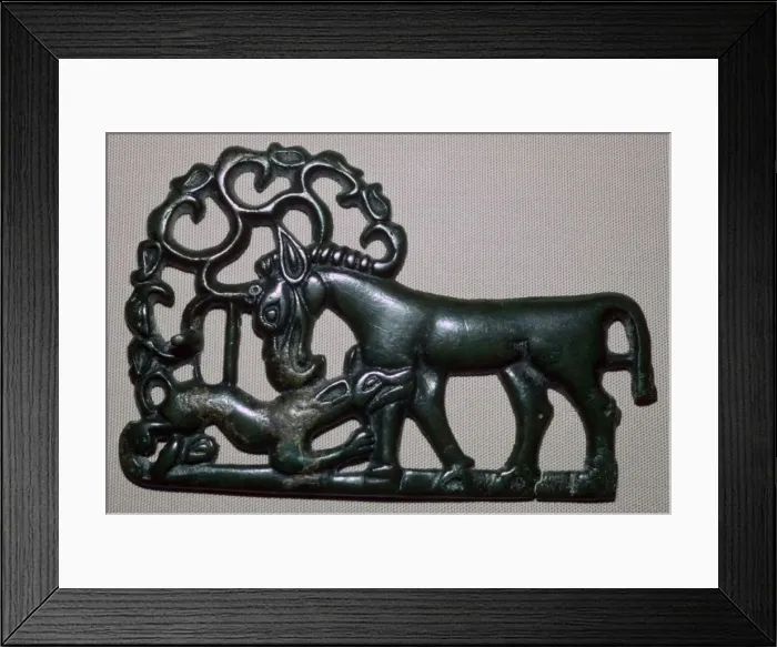 Framed Print : Chinese third century BC bronze plaque, depicting an animal attacking a horse Framed Print : Chinese third century BC bronze plaque, depicting an animal attacking a horse