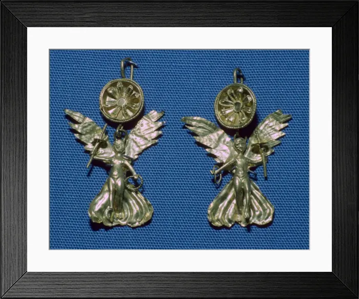 Framed Print : A pair of gold Nike earrings, 4th century BC Framed Print : A pair of gold Nike earrings, 4th century BC