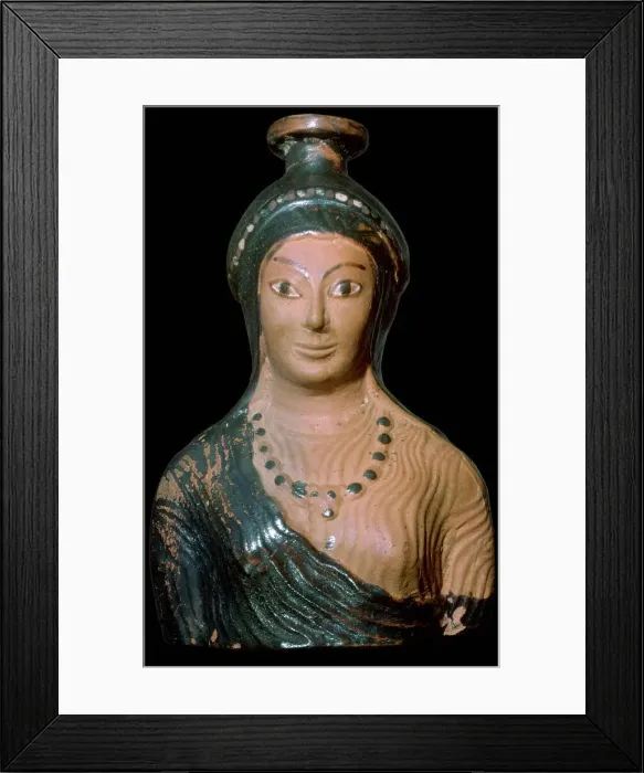 Framed Print : Teracotta scent-bottle in the shape of a womans bust, made in Rhodes Framed Print : Teracotta scent-bottle in the shape of a womans bust, made in Rhodes