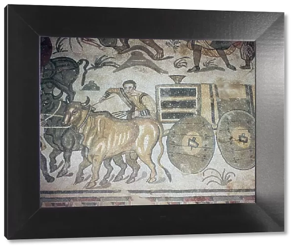Roman mosaic of a bullock cart, 3rd century
