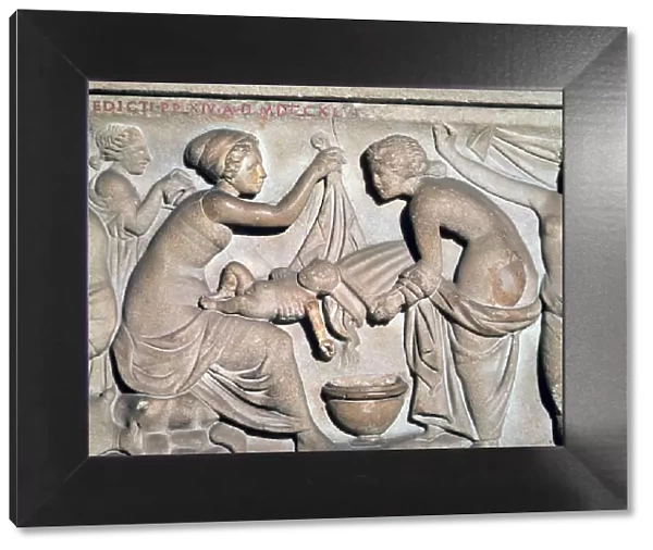Depiction of bathing a baby from a Roman sarcophagus
