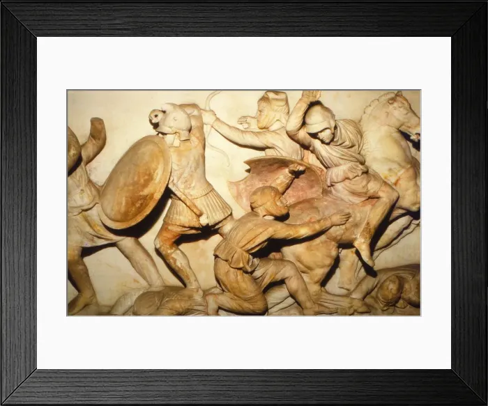 Framed Print : Greeks fight Persians, the Alexander Sarcophagus, Sidon, 4th century BC, (20th century) Framed Print : Greeks fight Persians, the Alexander Sarcophagus, Sidon, 4th century BC, (20th century)