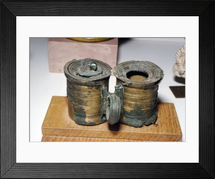 Framed Print : Bronze Roman Inkpots, at Chatillon-sur-Seine. France, c2nd-3rd century Framed Print : Bronze Roman Inkpots, at Chatillon-sur-Seine. France, c2nd-3rd century