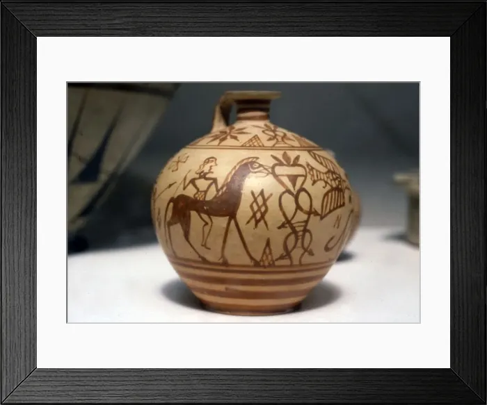 Framed Print : Horseman on Greek Scent-Bottle (Araballos) Proto-Corinthian, c7th century BC Framed Print : Horseman on Greek Scent-Bottle (Araballos) Proto-Corinthian, c7th century BC