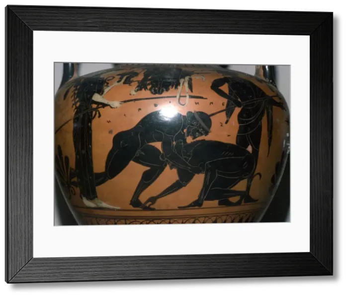 Framed Print : Heralles and Antaios, detail on Greek Neck-Amphora, c520BC-c510 BC. Artist: Leagros Group Framed Print : Heralles and Antaios, detail on Greek Neck-Amphora, c520BC-c510 BC. Artist: Leagros Group