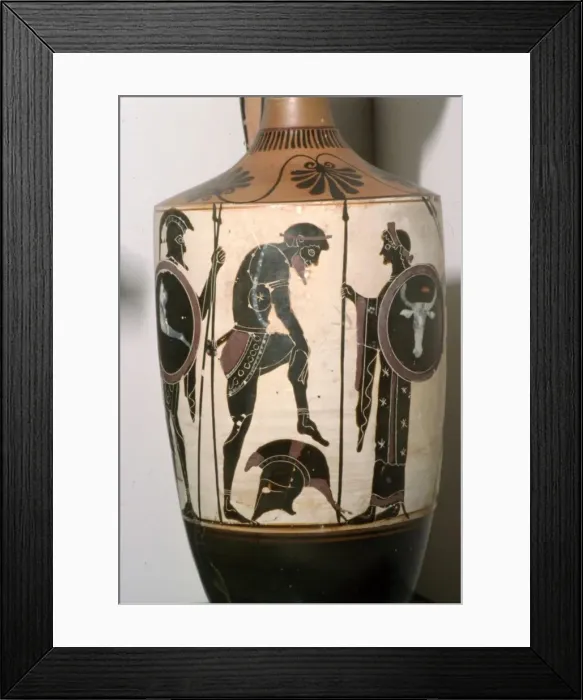 Framed Print : Black figured Lekytkos (oil-bottle), Warrior Arming, Athens, c490BC Artist: Edinburgh Painter Framed Print : Black figured Lekytkos (oil-bottle), Warrior Arming, Athens, c490BC Artist: Edinburgh Painter