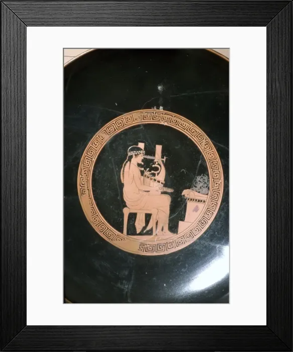 Framed Print : Greek Vase Painting of Lyre Player, Attic Red Figure Cup, c5th century BC Framed Print : Greek Vase Painting of Lyre Player, Attic Red Figure Cup, c5th century BC