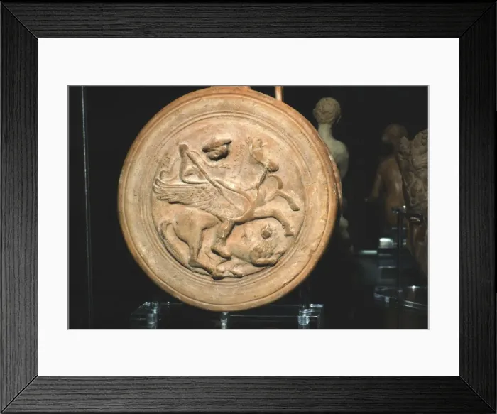 Framed Print : Terracotta Flask with moulded medallion, Bellerophon killing the Chimaera, c300BC-c250BC Framed Print : Terracotta Flask with moulded medallion, Bellerophon killing the Chimaera, c300BC-c250BC