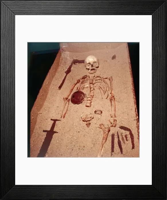 Framed Print : Viking Burial of Man with Axe, Spear, Sword, Knives, Shield and Belt Buckle, 9th-10th century Framed Print : Viking Burial of Man with Axe, Spear, Sword, Knives, Shield and Belt Buckle, 9th-10th century