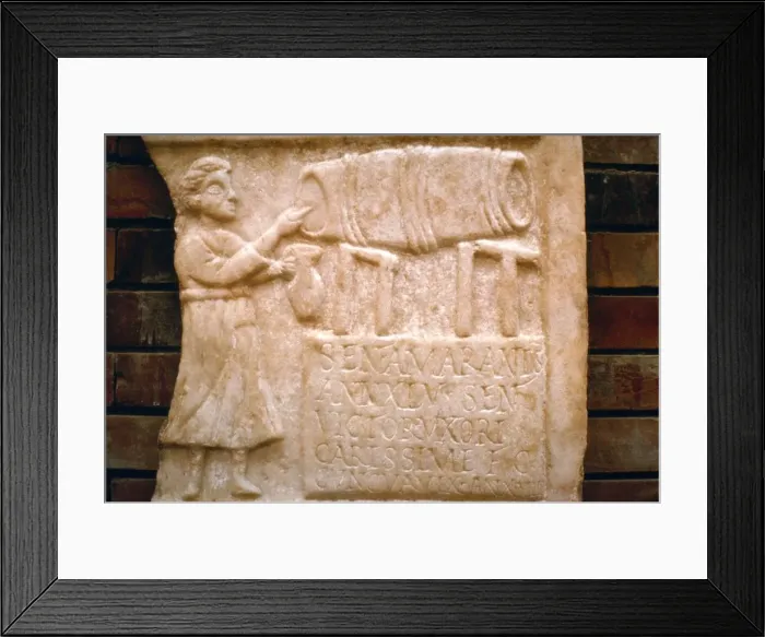Framed Print : Roman relief, a woman draws wine from a cask at a Tavern, Merida, Spain, c2nd-3rd century Framed Print : Roman relief, a woman draws wine from a cask at a Tavern, Merida, Spain, c2nd-3rd century