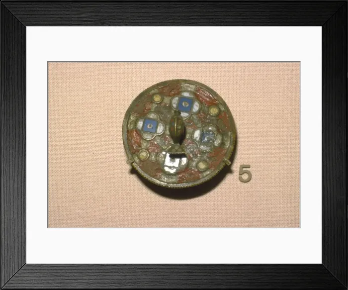 Framed Print : Enamelled bronze Brooch with stylised Dolphin in centre, 2nd-3rd century Framed Print : Enamelled bronze Brooch with stylised Dolphin in centre, 2nd-3rd century