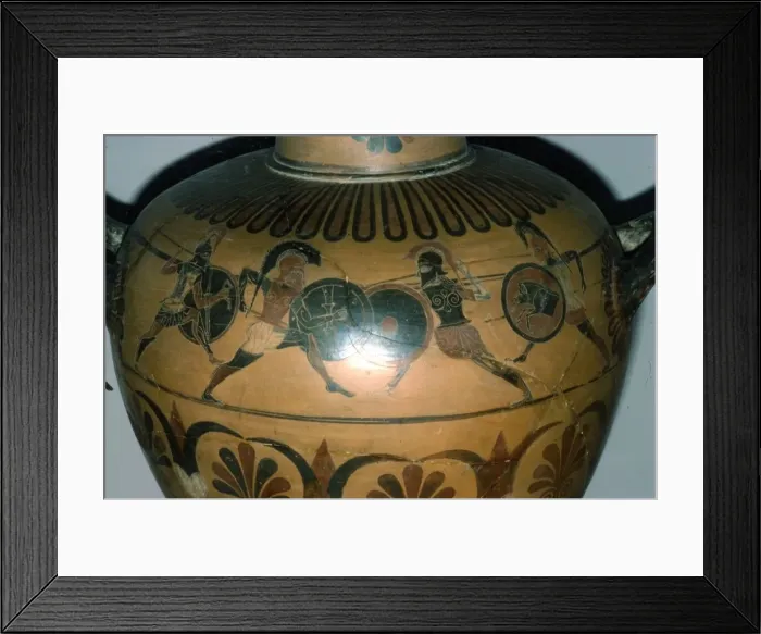 Framed Print : Hoplites Fighting, detail of a Greek pot, (Hydria), c530-510 BC Framed Print : Hoplites Fighting, detail of a Greek pot, (Hydria), c530-510 BC