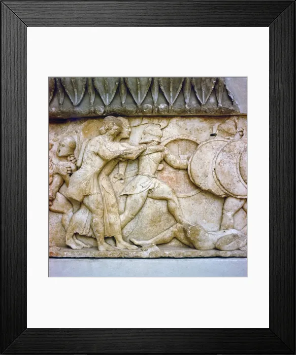 Framed Print : Greek relief detail, Battle of Gods and Giants, Apollo and Artemis fight, 525BC Framed Print : Greek relief detail, Battle of Gods and Giants, Apollo and Artemis fight, 525BC
