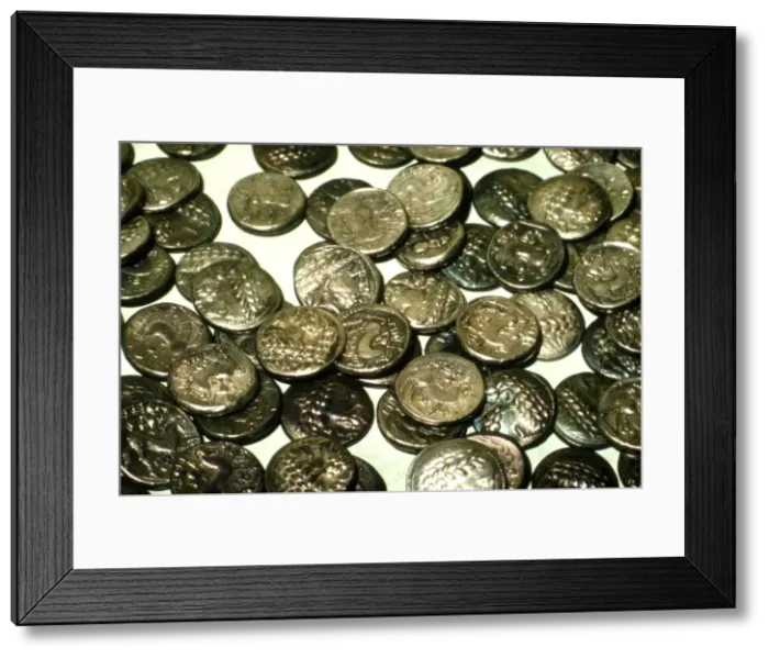 Framed Print : Hoard of Celtic Coins, (some copy Greek originals) found in Hungary, Silver, 1st Century BC Framed Print : Hoard of Celtic Coins, (some copy Greek originals) found in Hungary, Silver, 1st Century BC