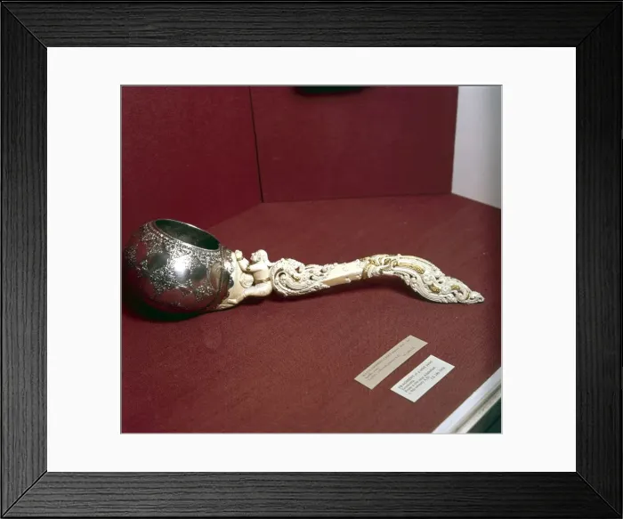 Framed Print : Water-Drinking Ladle, bowl in silver with ivory handle, Ceylon, 17th-18th century Framed Print : Water-Drinking Ladle, bowl in silver with ivory handle, Ceylon, 17th-18th century