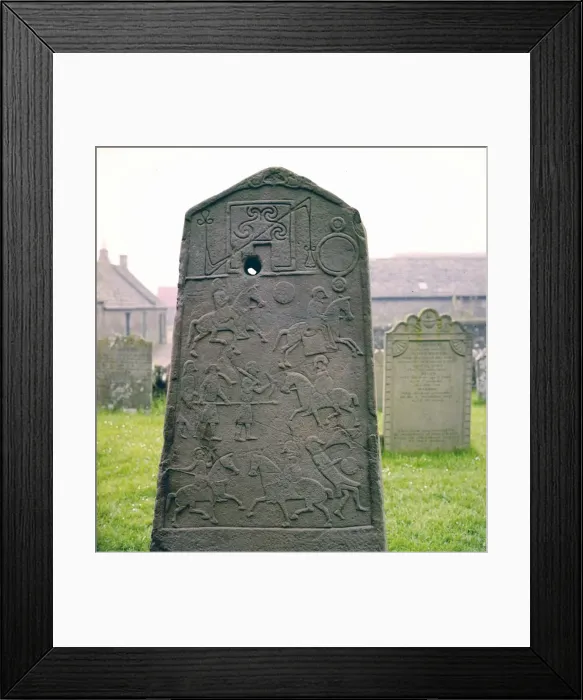 Framed Print : Pictish Carved Slab, showing symbols and Battle, c8th century Framed Print : Pictish Carved Slab, showing symbols and Battle, c8th century