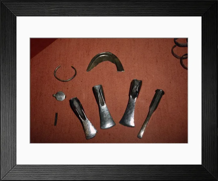 Framed Print : Bronze Artefacts Chisel, Axes, Sickle from Bavaria, South Germany, Bronze Age, 12th-8th century BC Framed Print : Bronze Artefacts Chisel, Axes, Sickle from Bavaria, South Germany, Bronze Age, 12th-8th century BC