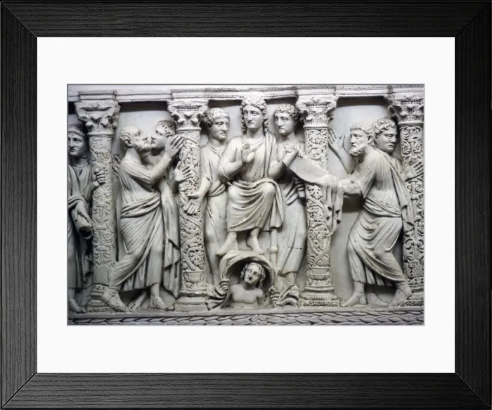 Framed Print : Christ handing scrolll of new law to St Peter while looking at St Paul, mid-4th century